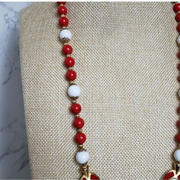 VINTAGE Resin Beaded Necklace Nautical Patriotic - Picture 3 of 6